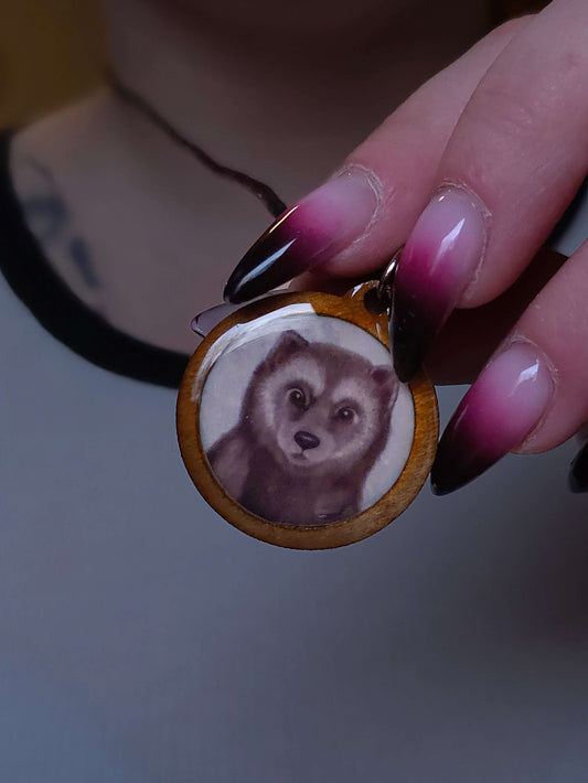 Wooden necklace with wolf image, epoxy, Mäyrä