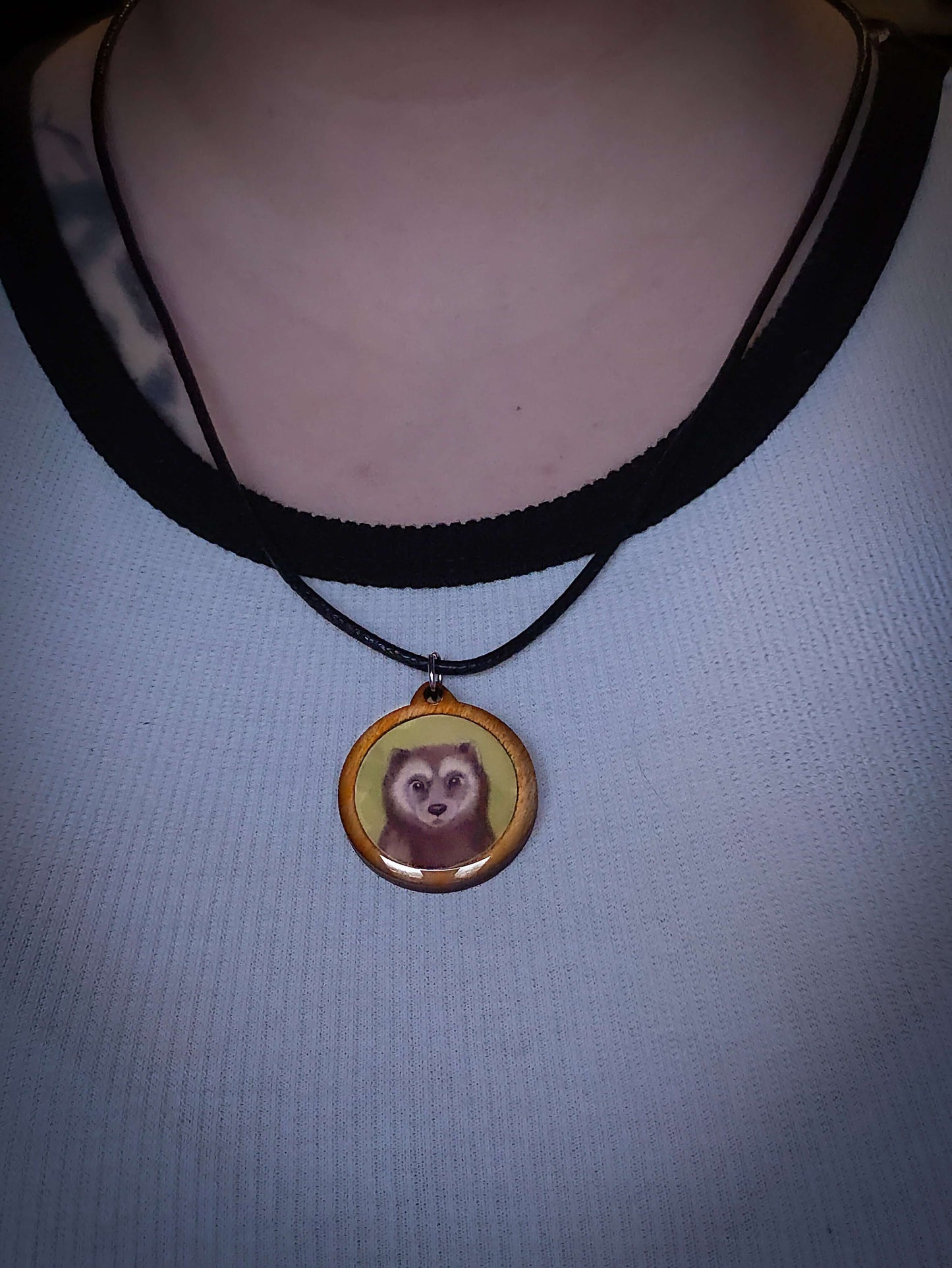 Wooden pendant with wolf image, epoxy, Mäyrä